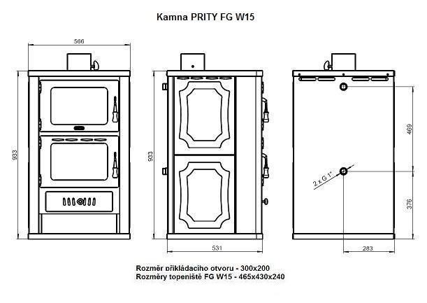 PRITY FG W15 krbové kachle 19,8kW, s výmenníkom a rúrou, oceľ, čierna/béžová