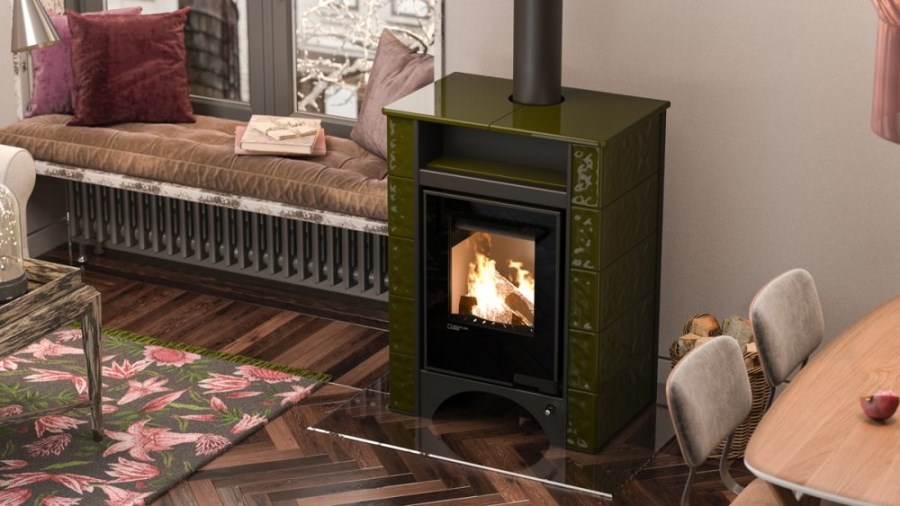 HS FLAMINGO AQUAFLAM VARIO PERU kachľová pec 11/5kW, s výmenníkom, manuálna reguláciam zelená