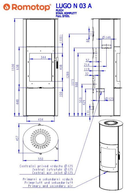 ROMOTOP LUGO N03 AKUM krbové kachle 3-7,8kW, akumulačný, plech, čierna