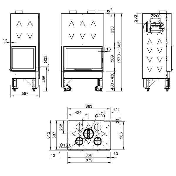 NORDICA MONOBLOK 800 krbová vložka 10kW, rohová, pravá, čierna