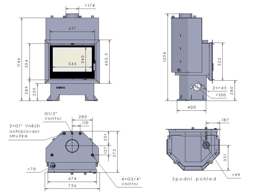 KRETZ Z 1103 VS krbová vložka 26 kW, s výmenníkom, dvojité sklo, čierna