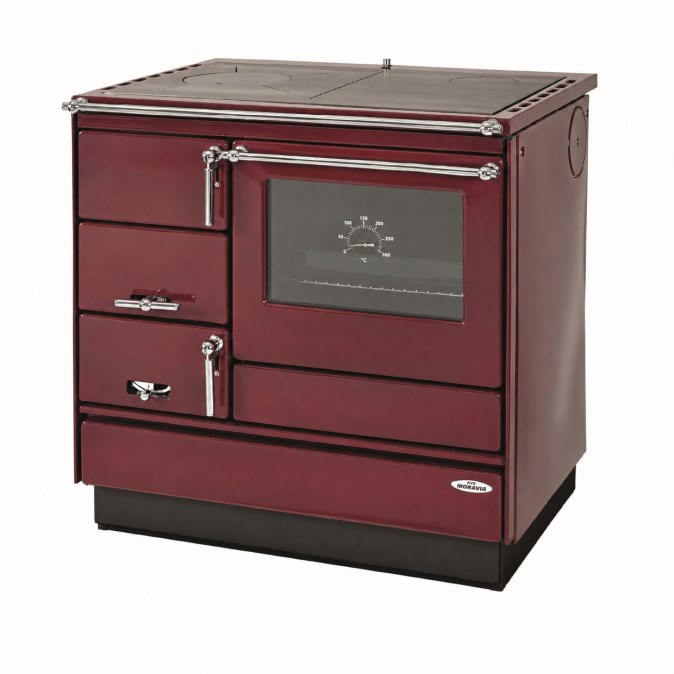 KVS MORAVIA VSP 9103 sporák na tuhé palivo 8,4 kW, s rúrou vpravo, bordó/chróm