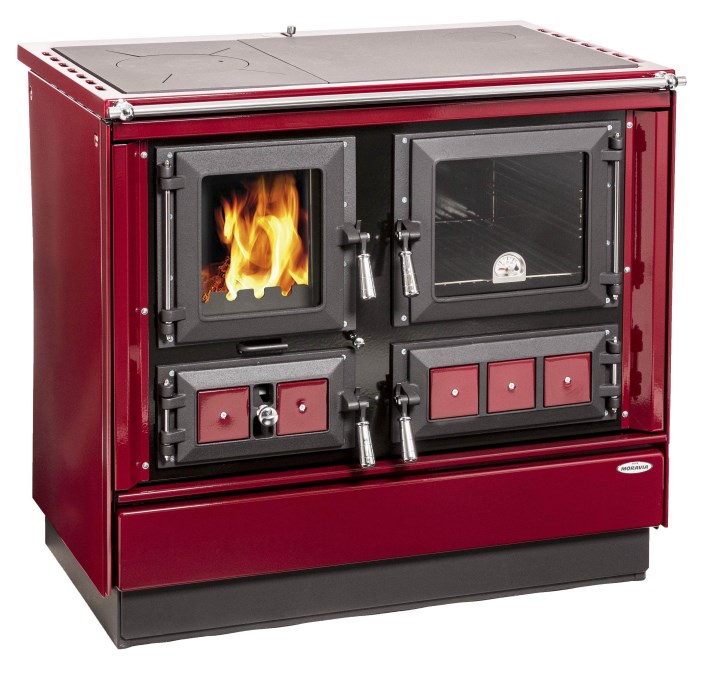 KVS MORAVIA KLAUDIE VSP 9112-V sporák na tuhé palivo 11,4kW, s výmenníkom, rúra vpravo, bordó/chróm