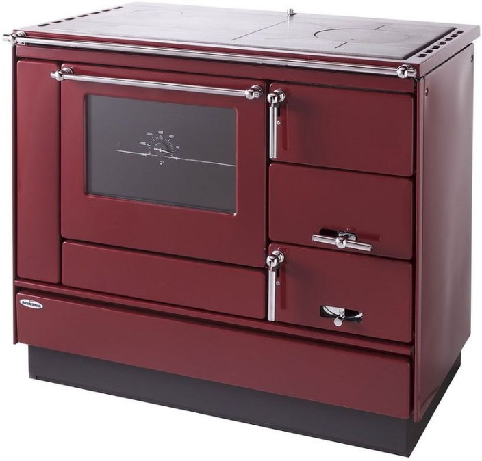 KVS MORAVIA VSP 9100-V sporák na tuhé palivá 10kW, s výmenníkom, rúra vlevo, bordó/chróm