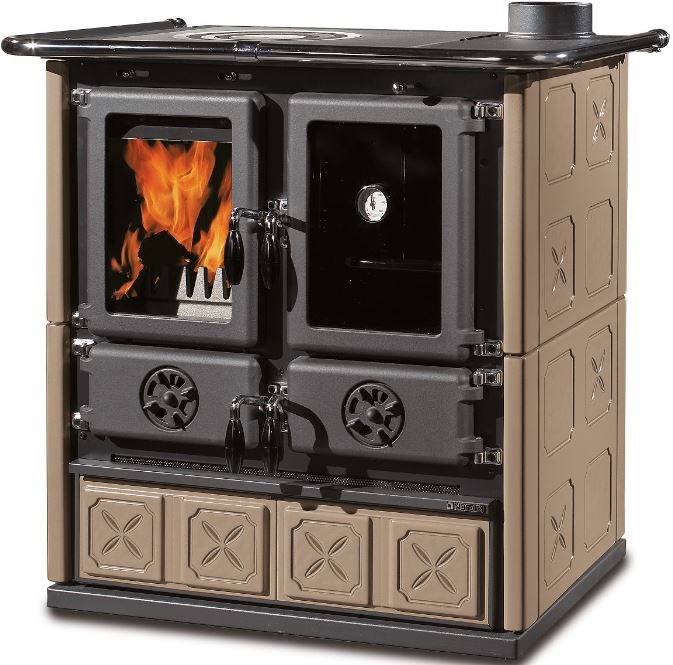 NORDICA ROSETTA MAIOLICA BII sporák na tuhé palivá 7,2kW, s rúrou vpravo, tortora