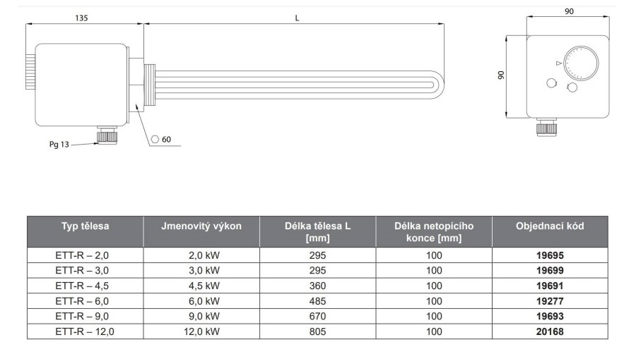 REGULUS ETT-R-2 vykurovacie teleso 2kW, G6/4", 3fázové, s termostatickou hlavicou