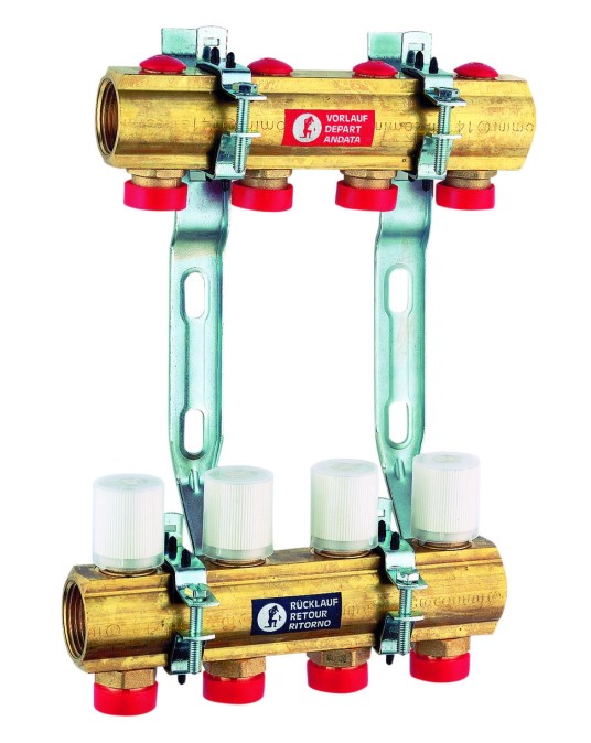 GIACOMINI R553D rozdeľovač 1"x18mm, 2 okruhy, s regulačnými šróbeniami a ventilmi s adaptérovými vývodmi, pre podlahové vykurovanie