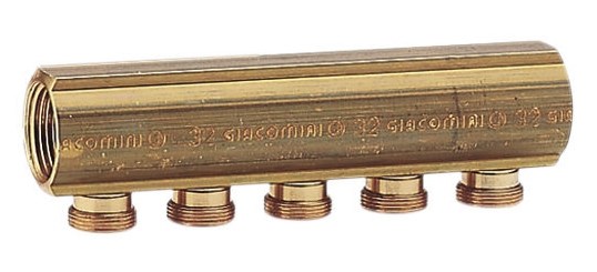 GIACOMINI R551S rozdeľovač 1"x18mm, 6 okruhov, s vývodmi pre adaptéry, bez regulačných armatúr