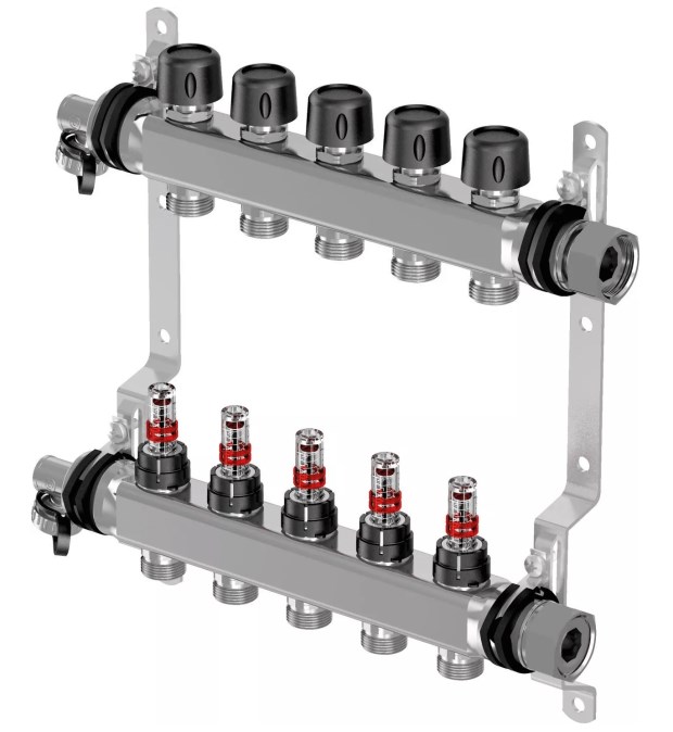 UPONOR VARIO S 2HK rozdeľovač, 1", 2 okruhy, s prietokomerom, 195mm, nerez oceľ
