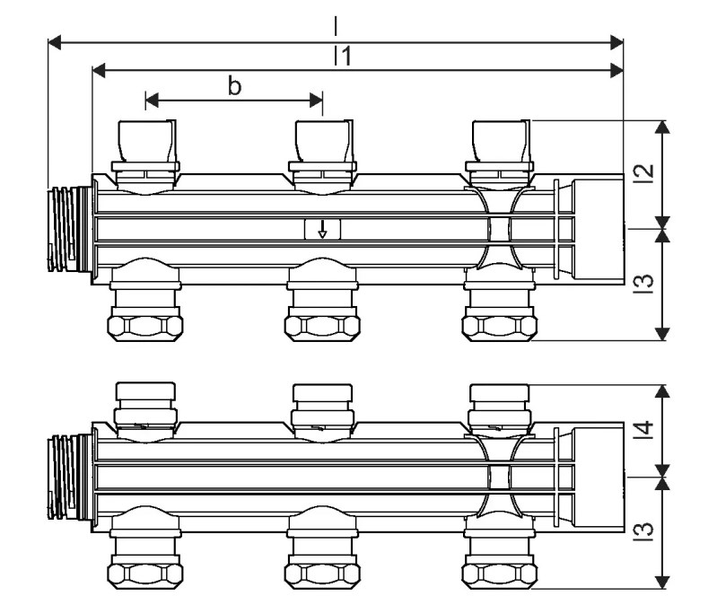 UPONOR MAGNA rozdeľovač 1 1/2"x25mm, 3 okruhy, priemyselný, polyamid