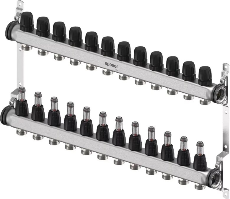UPONOR VARIO S rozdeľovač + odvzdušňovací/vypúšťací ventil, 12xG3/4" EURO - G1", 12 okruhov, s prietokomerom, nerez oceľ (sada)