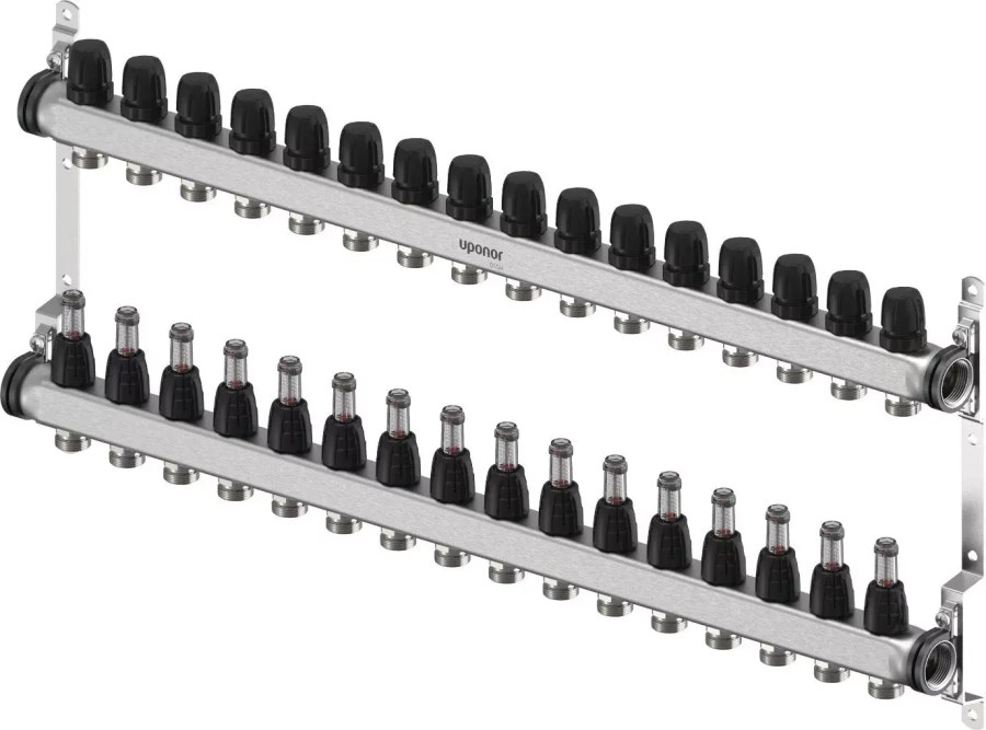 UPONOR VARIO S rozdeľovač + odvzdušňovací/vypúšťací ventil, 16xG3/4" EURO - G1", 16 okruhov, s prietokomerom, nerez oceľ (sada)