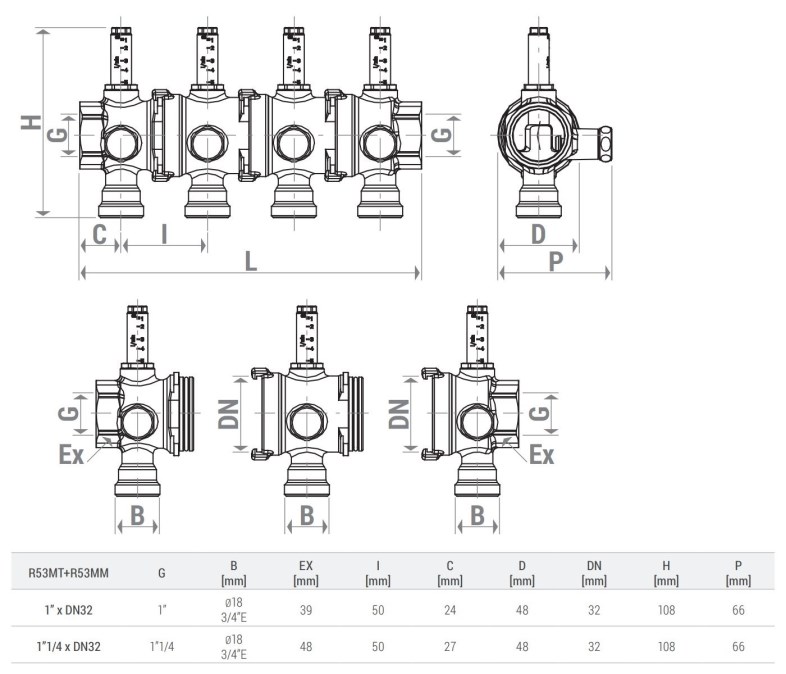 GIACOMINI R53MM modul rozdeľovača DN32x3/4"E, pre prívod, s regulačným šróbením a prietokomerom