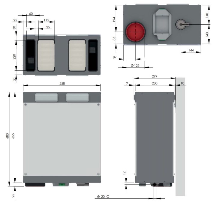 ZEHNDER COMFOAIR 180 vetracia jednotka s rekuperáciou 180 m3/h, nástenná, entalpický výmenník, automatický by-pass