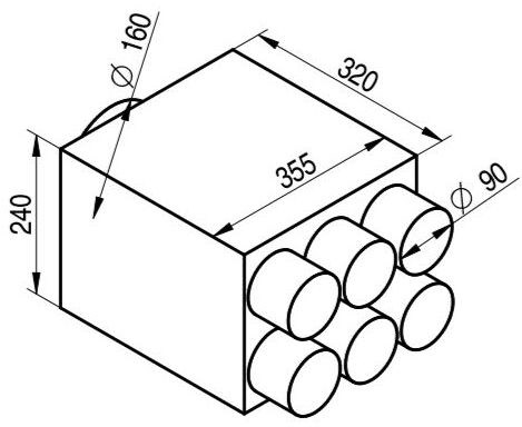 Rozdeľovací box, pr. 160 mm, 6x vývod DN90, dvojradový, pozinkovaná oceľ