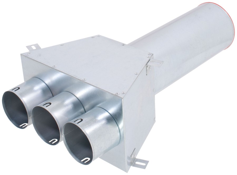 Distribučný box, stropný/stenový, pr. 125 mm, 3x vývod DN90, priamy, s úchytmi, pozinkovaná oceľ