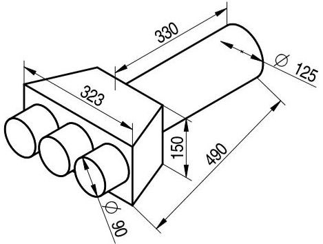 Distribučný box, stropný/stenový, pr. 125 mm, 3x vývod DN90, priamy, s úchytmi, pozinkovaná oceľ