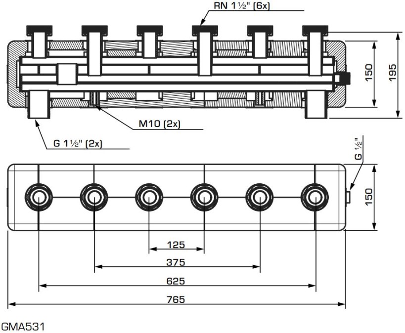 ESBE GMA531 rozdeľovač RN1 1/2"xG1 1/2", 3 okruhy, vr. separátora, pre obehové jednotky, oceľ/EPP