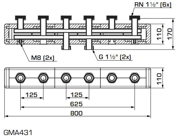 CONCEPT GMA431 rozdeľovač RN1 1/2"xG1 1/2", 3 okruhy, pre obehové jednotky, oceľ/EPP