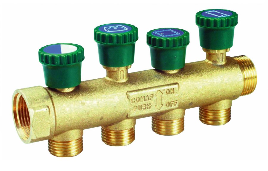 COMAP SKINPRESS 9533A rozvádzač 3/4" s integrovanými uzávermi, 4 výstupy, mosadz