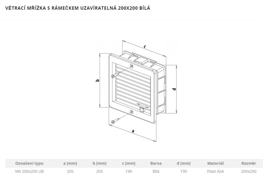 HACO VM 200x200 U vetracia mriežka, s rámčekom, uzatvárateľná, biela