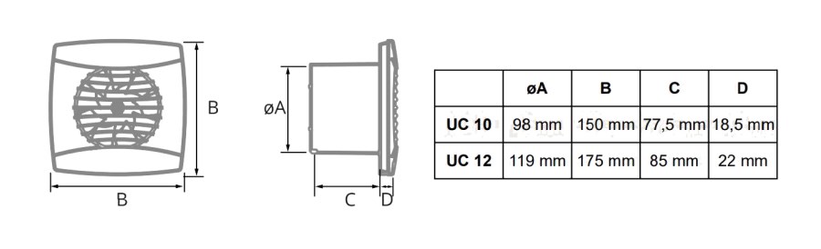 CATA UC 10 BLACK axiálny ventilátor 100 mm, nástenný/stropný, so spätnou klapkou, čierna