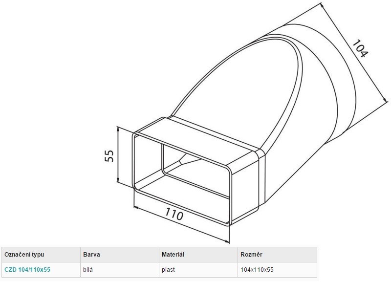 HACO CZD 104/110x55 ventilačný systém 104/110x55mm, prechodový kus, biela