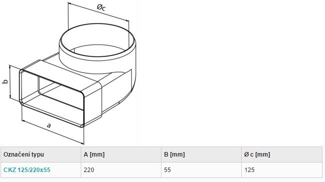 HACO CKZ 125/220x55 ventilačný systém 220x55/125mm, prechodový kus koleno, biela