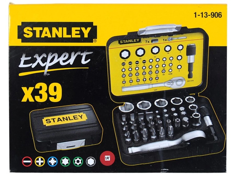 STANLEY set skrutkovacích bitov, nástrčných a očkoplochých kľúčov, S/PH/PZ/T/TT/HEX, 39 ks, s mini-račnou, so skrutkovačom (sada)