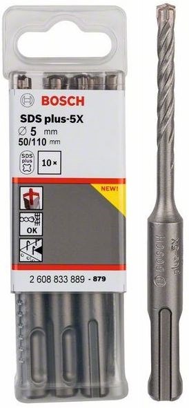 BOSCH SDS PLUS-5X vrták 5x50 mm, 10 ks, SDS-PLUS, vidiový, 4 čepieľky, do betónu a muriva (sada 10 ks)