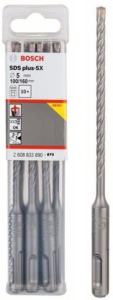 BOSCH SDS PLUS-5X vrták 5x100 mm, 10 ks, SDS-PLUS, vidiový, 4 čepieľky, do betónu a muriva (sada 10 ks)