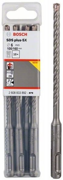 BOSCH SDS PLUS-5X vrták 6x100 mm, 10 ks, SDS-PLUS, vidiový, 4 čepieľky, do betónu a muriva (sada 10 ks)