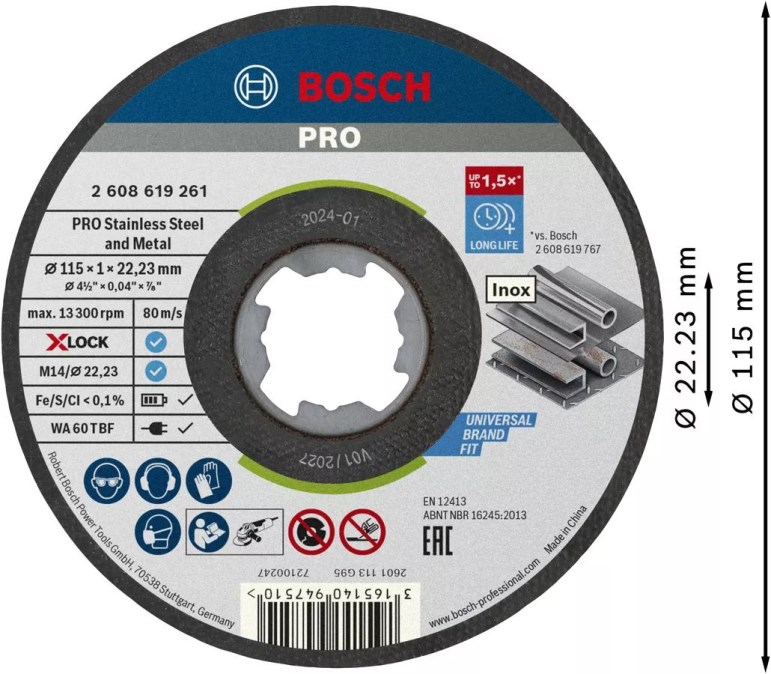 BOSCH PRE STINLESS STEEL AND METAL X-LOCK rezný kotúč 115x1,0x22,2 mm, na oceľ a nerez