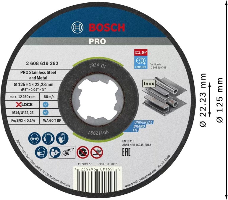 BOSCH PRE STINLESS STEEL AND METAL X-LOCK rezný kotúč 125x1,0x22,2 mm, na oceľ a nerez
