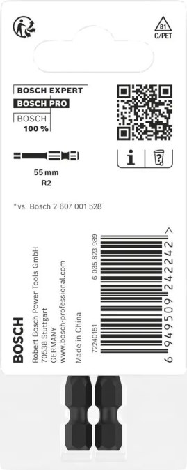 BOSCH PRE IMPACT skrutkovací bit R2, 55 mm, 2 ks, štvorhranný (sada 2 ks)