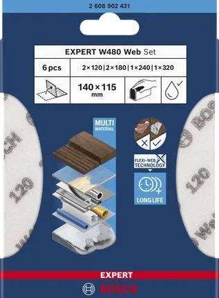 BOSCH EXPERT W480 set brúsnych sietí 115x140 mm, 120-320 (sada 6 ks)