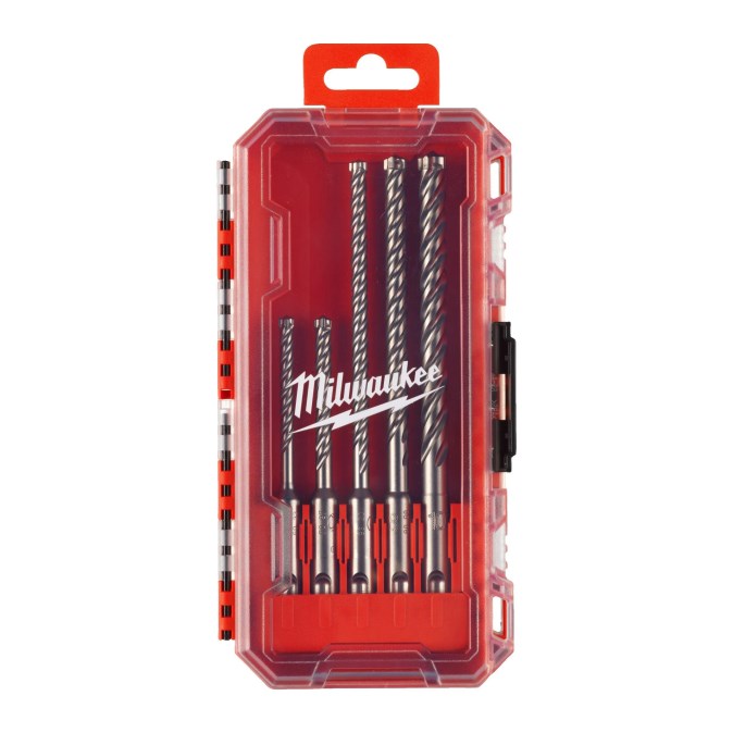MILWAUKEE MX4 set vrtákov 5-6-8-10 mm, 5 ks + RedBox, SDS-PLUS, vidiové, 4 čepieľky, do betónu a muriva (sada 5 ks)