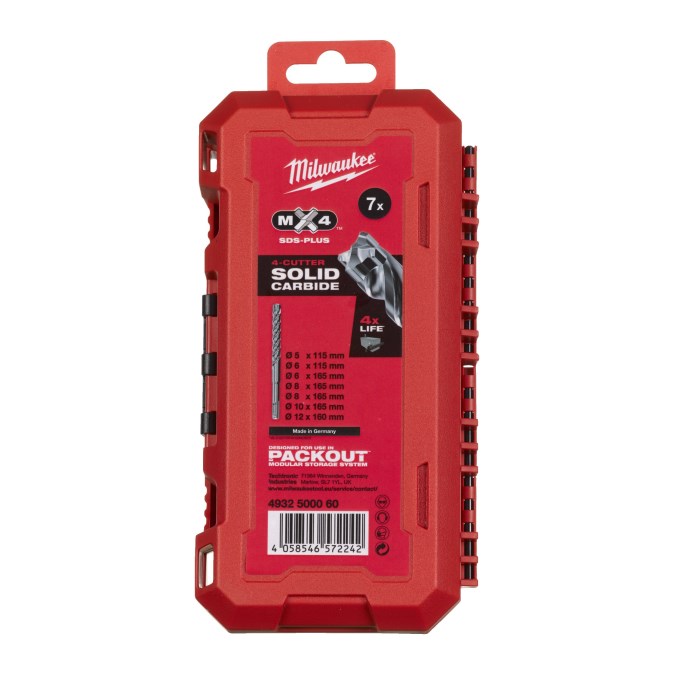 MILWAUKEE MX4 set vrtákov 5-6-8-10-12 mm, 7 ks + RedBox, SDS-PLUS, vidiové, 4 čepieľky, do betónu a muriva (sada)