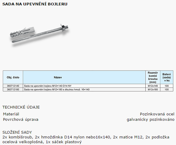 Sada na upevnenie bojlerov, M12x180mm, oceľ