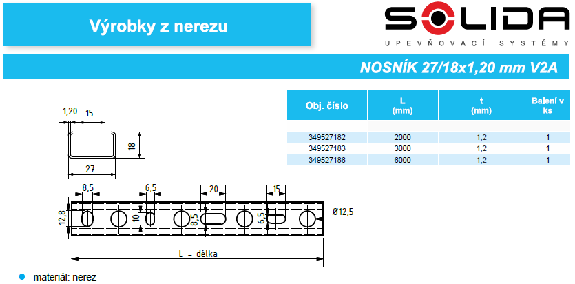 Nosník ST27/18, 2000mm, montážny, nerez