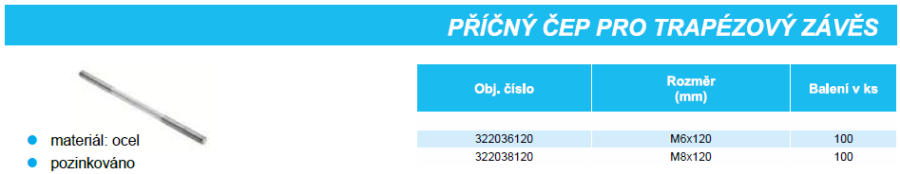 Čap M8x120mm priečny, pre trapézový záves, oceľ