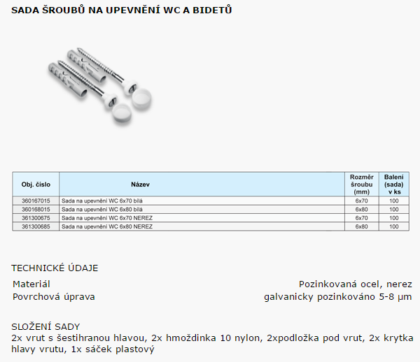Sada na upevnenie WC a bidetov 6x70mm, nerez