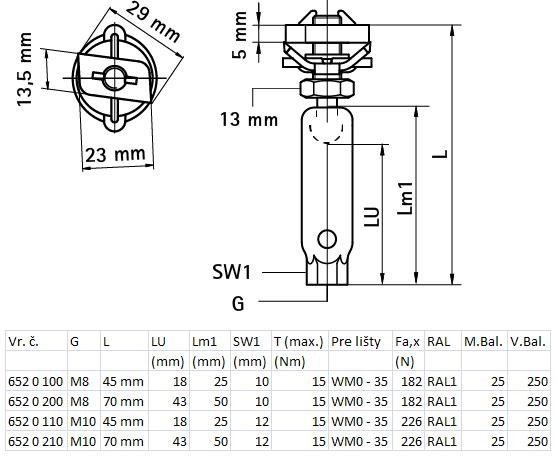 WALRAVEN BIS RAPIDRAIL výkyvný čap M8, 45mm, oceľ