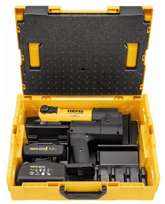 REMS AKKU-PRESS E 22V ACC aku radiálny lis 10-108 mm, 32 kN, 22 V, s núteným chodom, akumulátor 2,5 Ah, nabíjačka, kufor