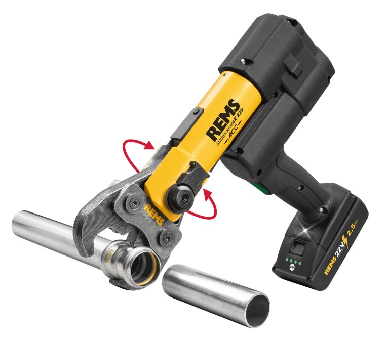 REMS AKKU-PRESS E 22V ACC aku radiálny lis 10-108 mm, 32 kN, 22 V, s núteným chodom, akumulátor 2,5 Ah, nabíjačka, kufor