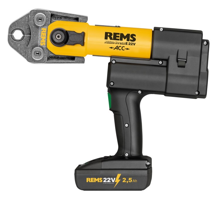 REMS AKKU-PRESS E 22V ACC aku radiálny lis 10-108 mm, 32 kN, 22 V, s núteným chodom, akumulátor 2,5 Ah, nabíjačka, kufor