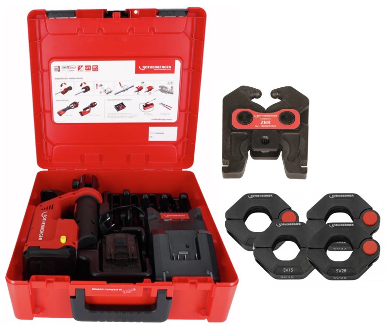ROTHENBERGER ROMAX COMPACT III aku radiálny lis 12-40 mm, 19 kN, 18 V, akumulátor 2,0 Ah, nabíjačka, medzičeľusť, krúžky SV 15-18-22-28, kufor (sada)