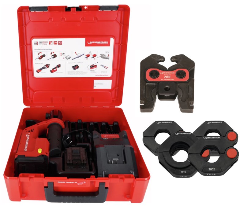 ROTHENBERGER ROMAX COMPACT III aku radiálny lis 12-40 mm, 19 kN, 18 V, akumulátor 2,0 Ah, nabíjačka, medzičeľusť, krúžky TH16-20-26-32, kufor (sada)