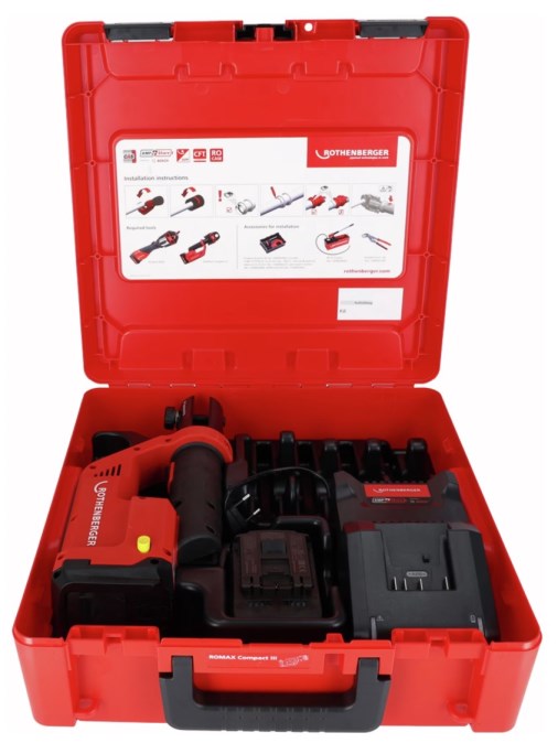 ROTHENBERGER ROMAX COMPACT III aku radiálny lis 12-40 mm, 19 kN, 18 V, akumulátor 2,0 Ah, nabíjačka, medzičeľusť, krúžky TH16-20-26-32, kufor (sada)