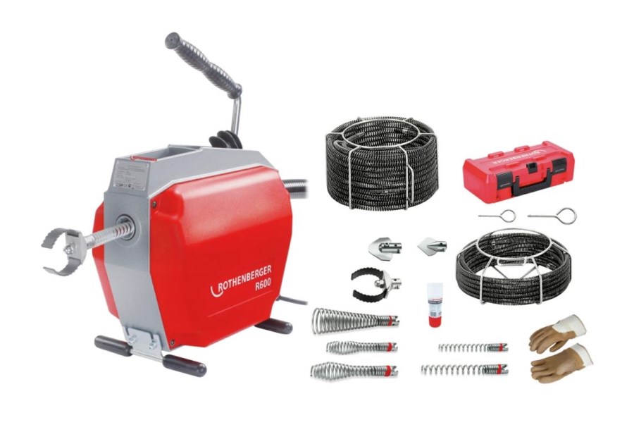 ROTHENBERGER R600 SET 16+22 elektrický prístroj na čistenie rúrok 20-150 mm, 5x špirála 16 mm, 2,3 m, 5x špirála 22 mm, 4,5 m, sada príslušenstva